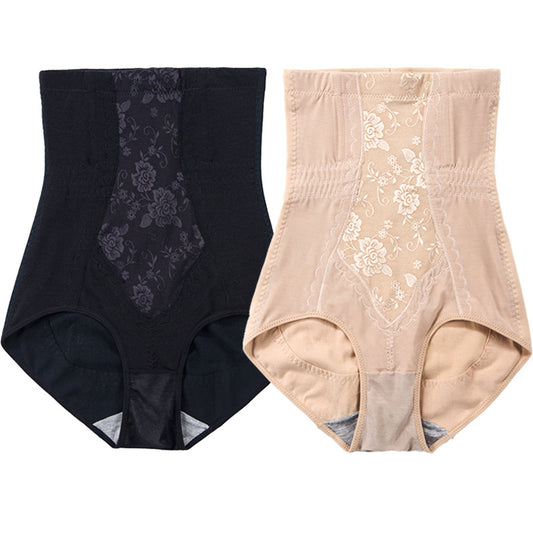 Set of two high-waisted shaping briefs: black and apricot with floral lace panels