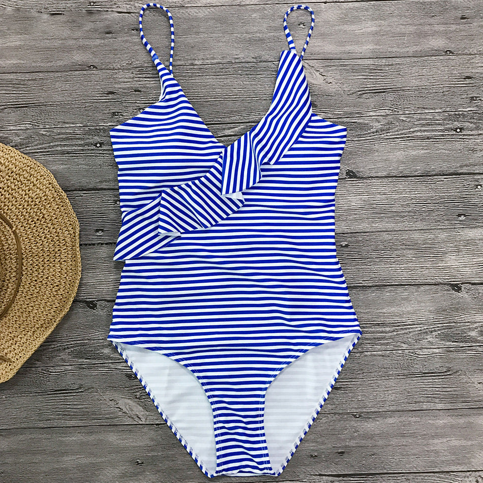 Blue-and-white striped one-piece swimsuit with V-neck and adjustable straps, front view