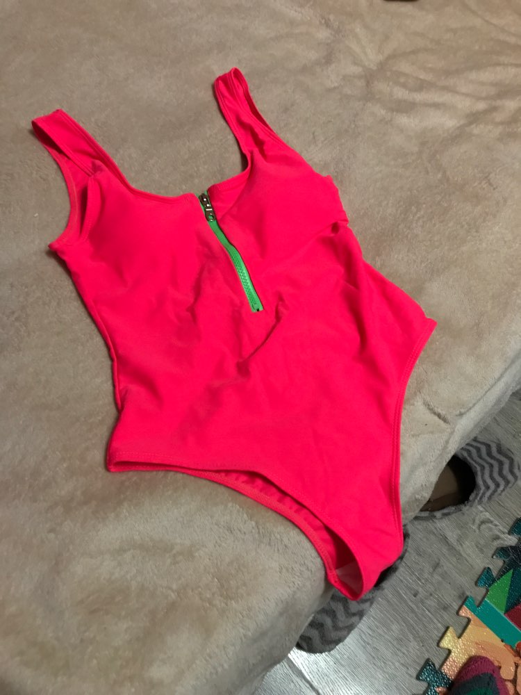 Women’s zip-front one-piece swimsuit, hot pink with green zipper