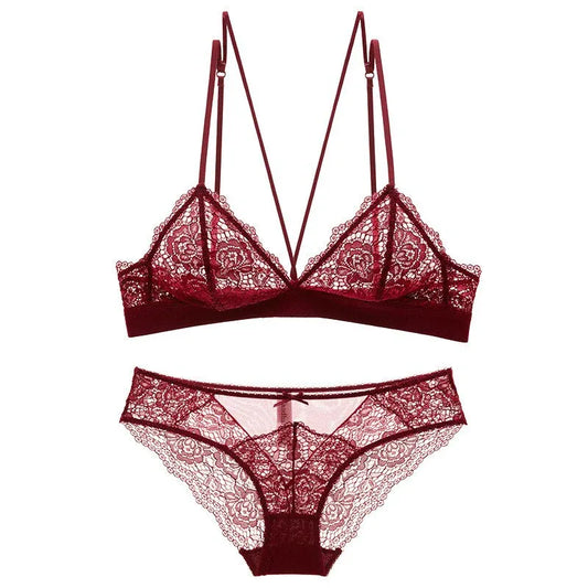 Adjustable push-up lace bra & knicker set in burgundy/red with triangle cups