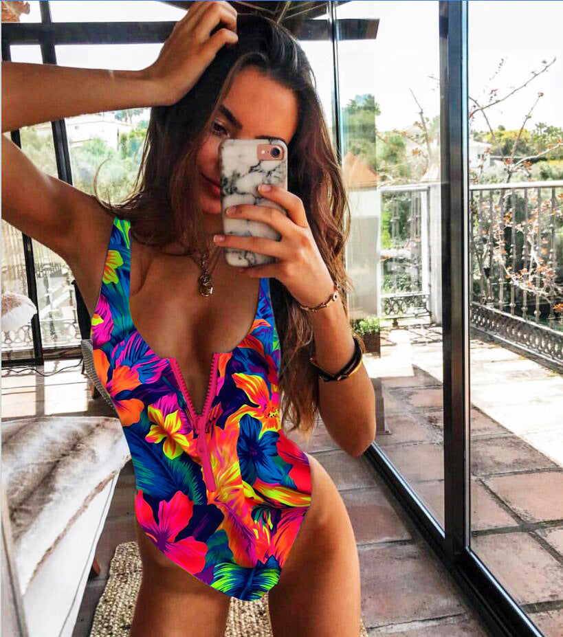 Women’s zip-front one-piece swimsuit, multicolor floral print, deep front zipper