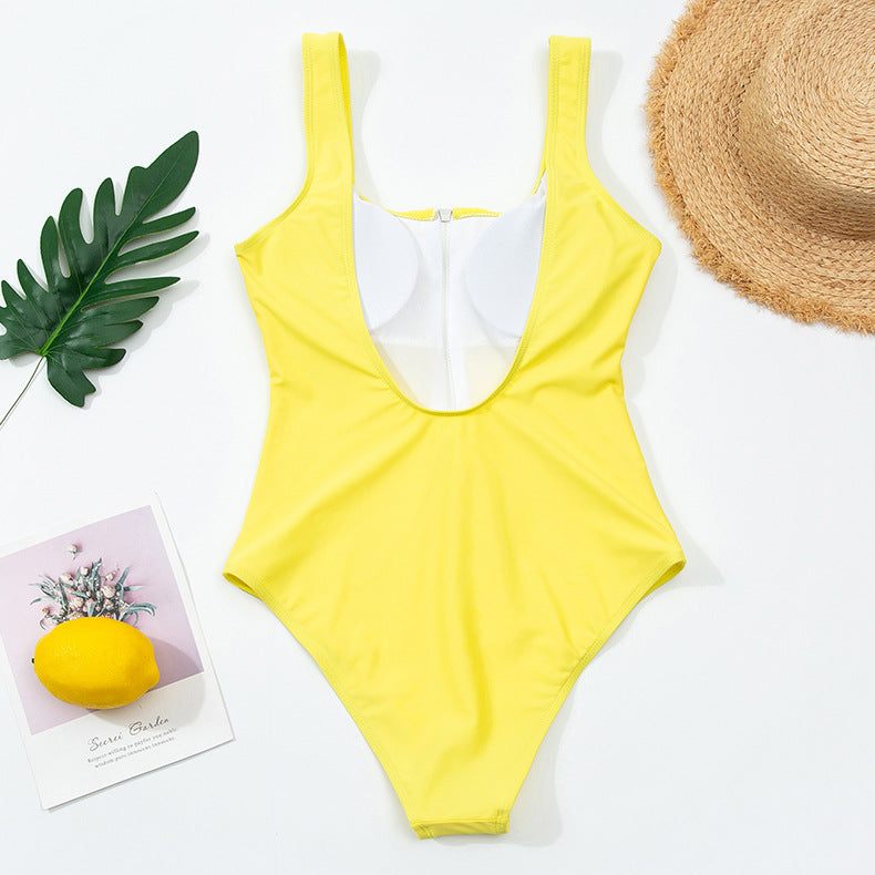 Women’s zip-front one-piece swimsuit, bright yellow, contrast neckline and zipper