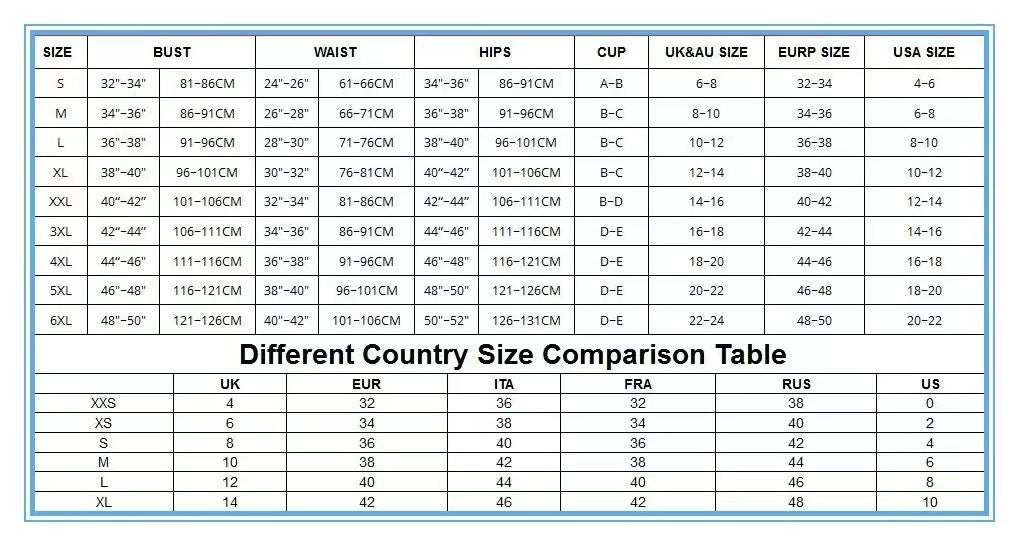 Swimsuit size comparison chart with bust, waist, hips, and cup measurements