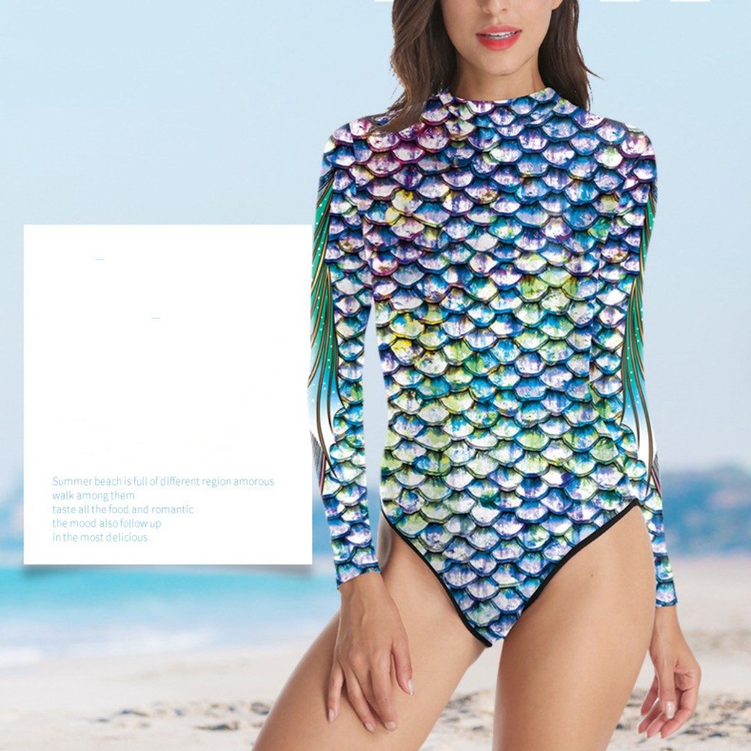 Mermaid long-sleeve swimsuit, colorful scale print, high neck, cheeky cut