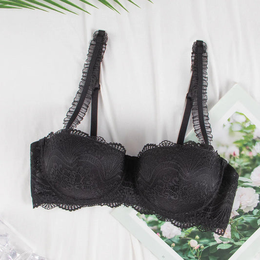 Black lace-trim underwire bra, full cups with scalloped lace edge and adjustable straps