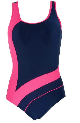 Sport-Badeanzug für Damen: dunkelblau/pink, einteilig mit Rundhalsausschnitt