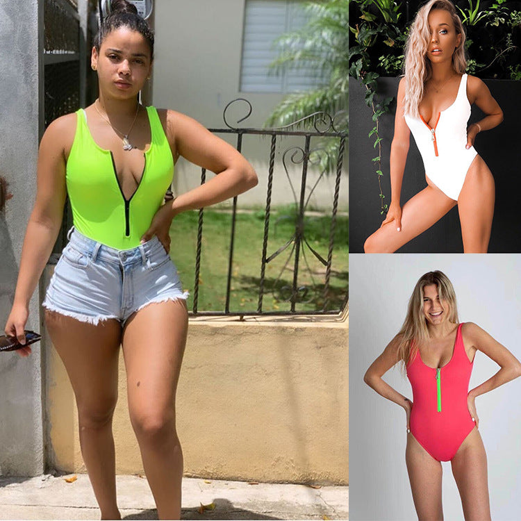 Women’s zip-front one-piece swimsuit, neon green with black zipper detail