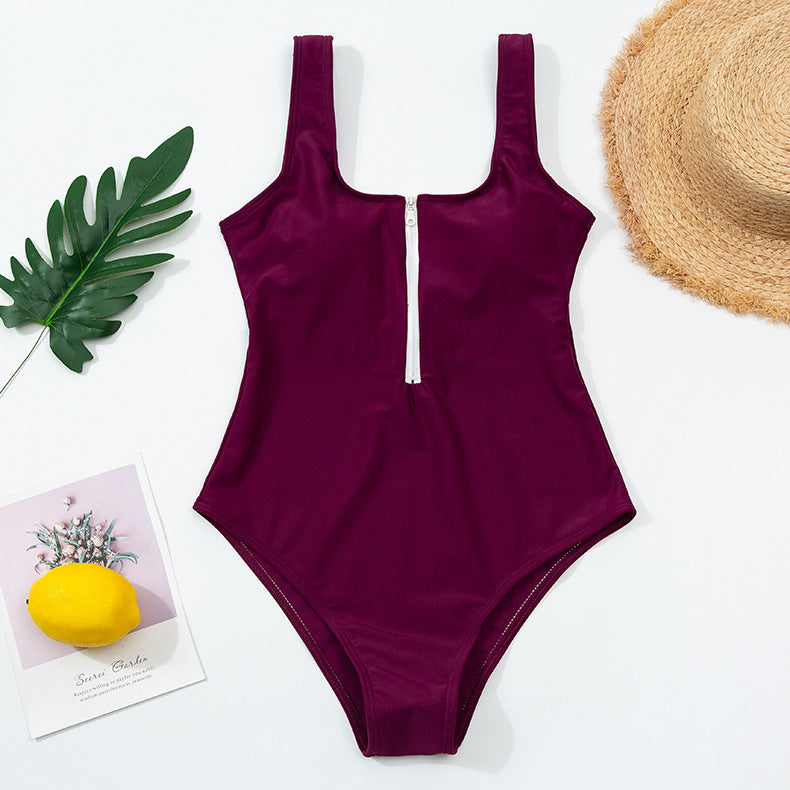 Women’s zip-front one-piece swimsuit, wine red, vertical front zipper with contrast pull