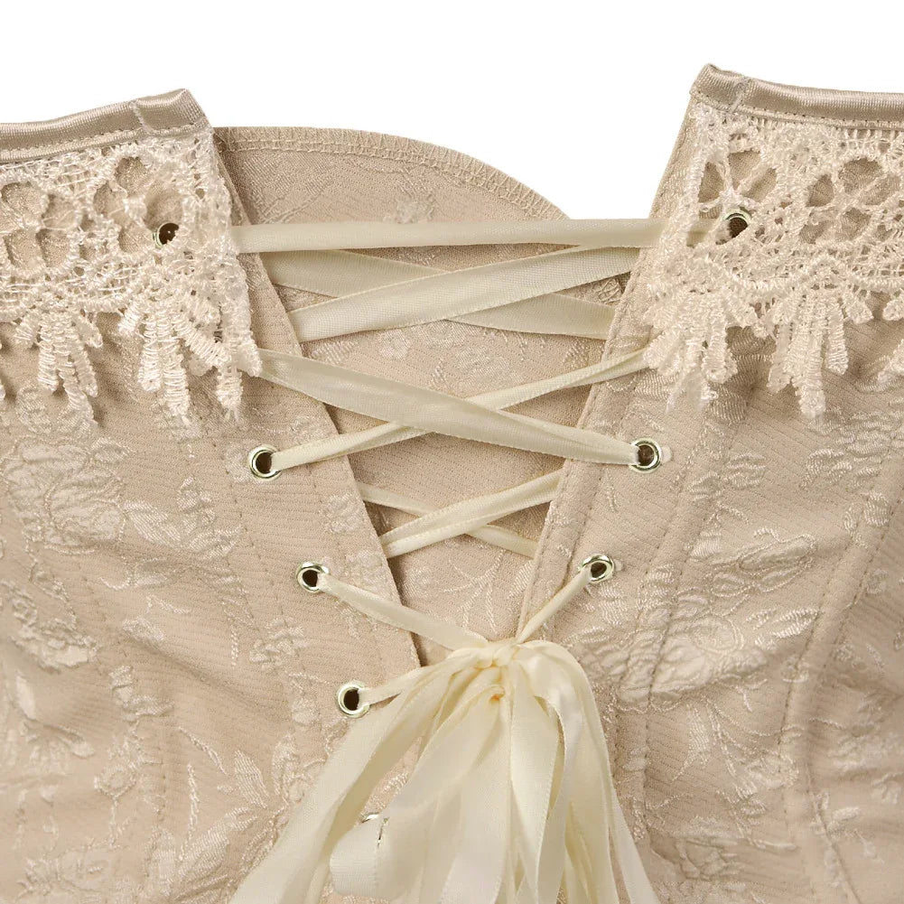 Khaki lace corset with crisscross front lacing and eyelets