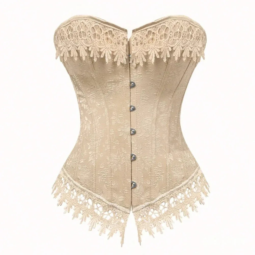 Khaki overbust corset with lace trim and front steel busk buttons
