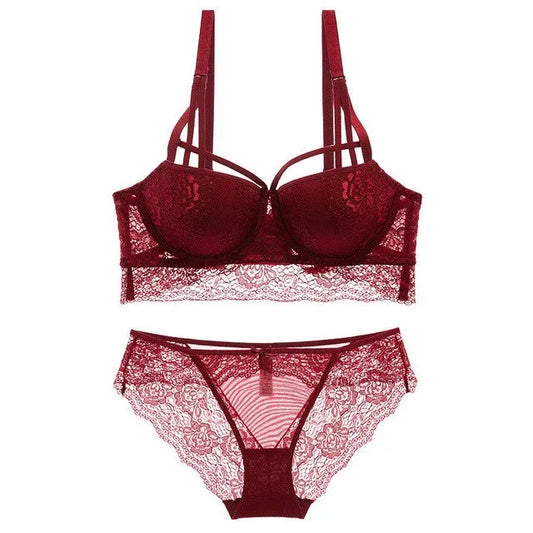 Red lace push-up bra with matching briefs set, strappy cup detailing