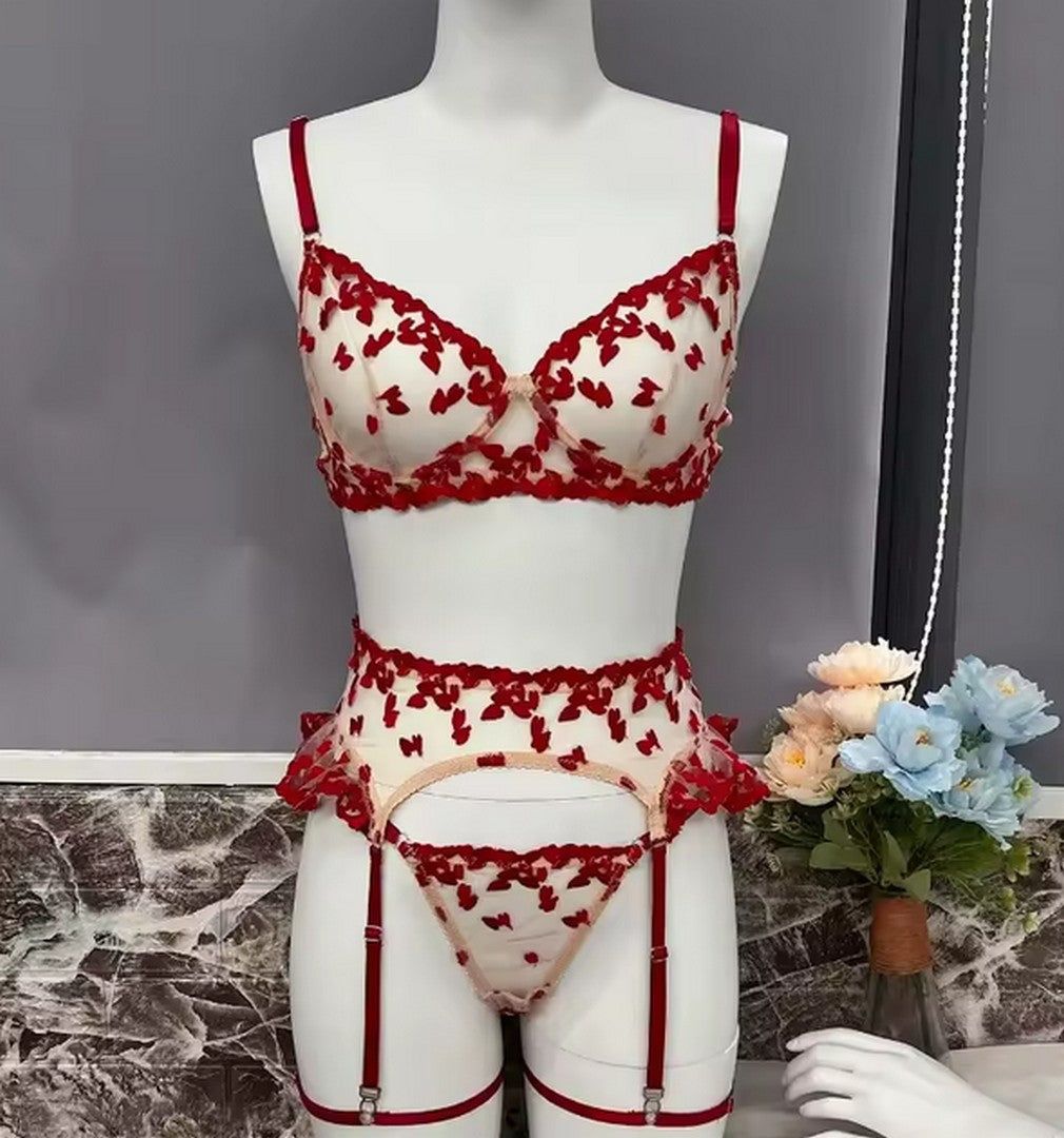 Red heart mesh lingerie set: underwire bra, thong, garter straps, garter belt