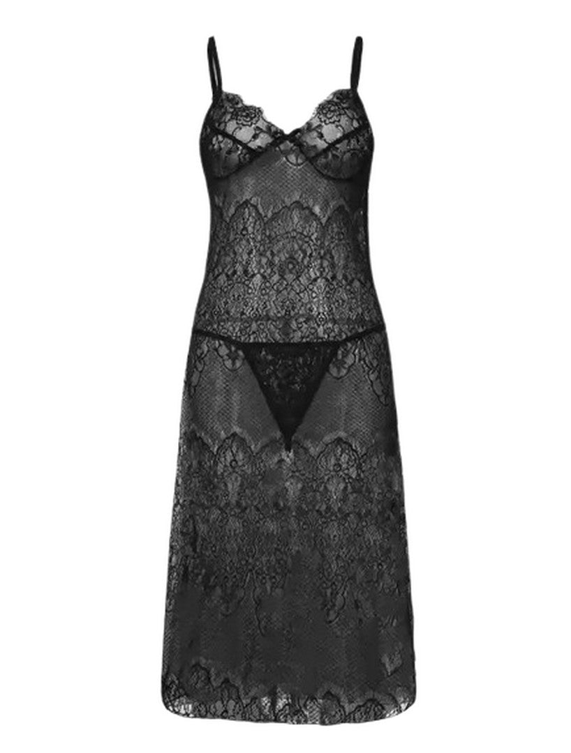 Black lace strap lingerie set with lace cups and matching lace panties, sheer chemise