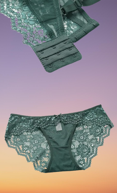 Dark green lace panty with scalloped edges and sheer front panel