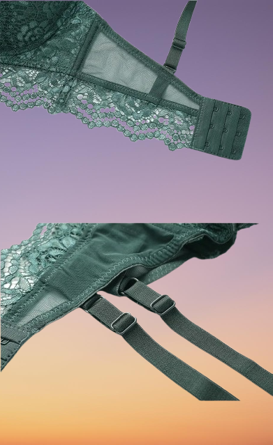 Dark green lace bra back with hook-and-eye closure and adjustable straps
