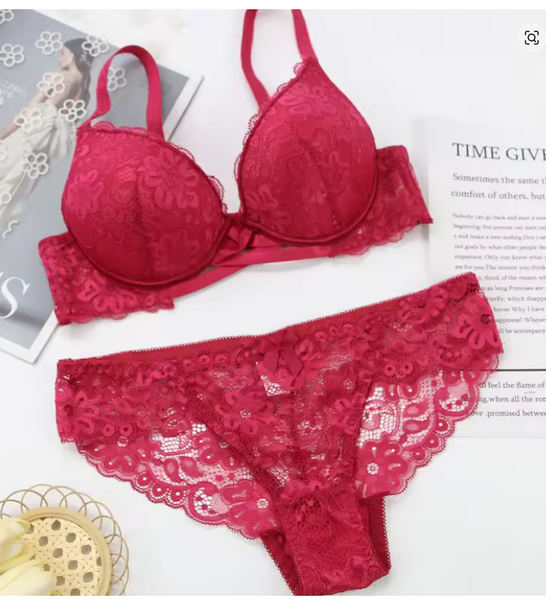 Red lace underwire bra and matching lace thong set