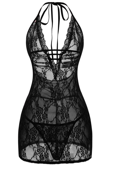 Black lace open-back lingerie chemise with floral pattern and crisscross straps