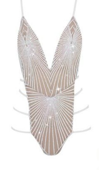 One-piece monokini swimsuit with V-neck and gold shimmer stripe design