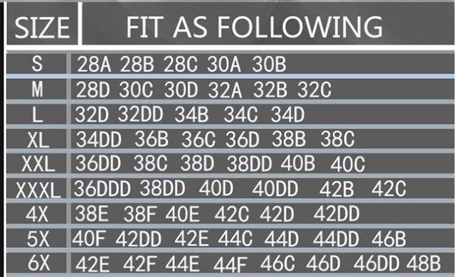 Size and fit chart table for bra bands and cup sizes, including S to 6X