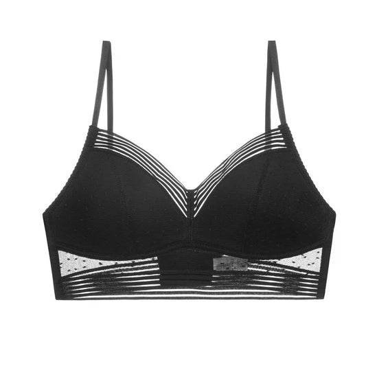 Ultra-Thin Push Up U-Back Bra (Black) with striped mesh band and V plunge cups