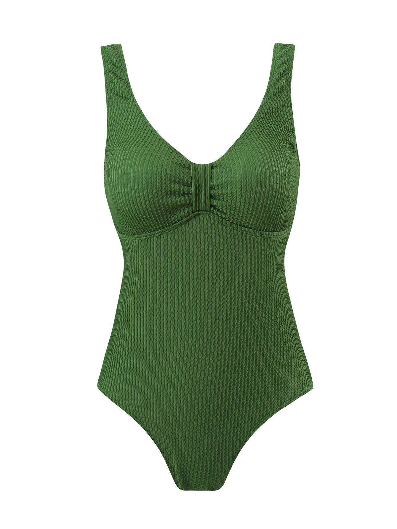 Tummy control one-piece swimsuit, army green, scoop neckline and full-coverage legs