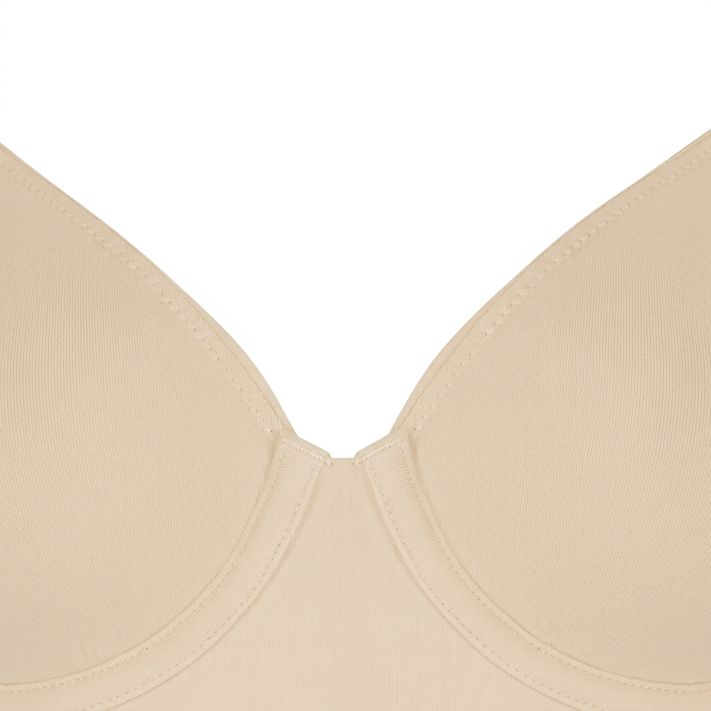 Beige underwired bra neckline seam with soft stretch fabric and stitching