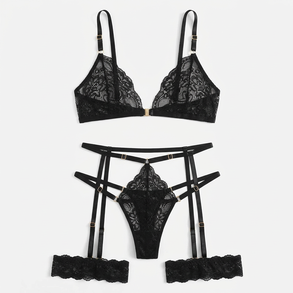 Black lace lingerie set with triangle bra, thong, and garter straps