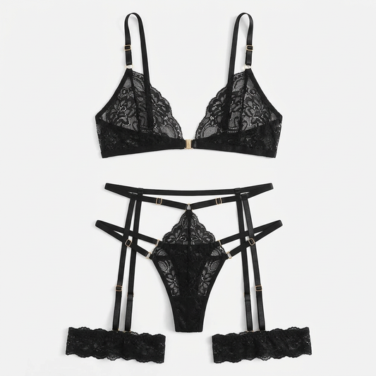 Black lace lingerie set with triangle bra, thong, and garter straps