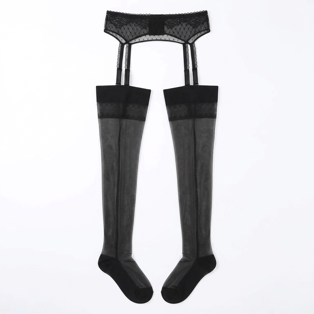 Black sheer thigh-high stockings with mesh lace top, garter straps, and matching foot.