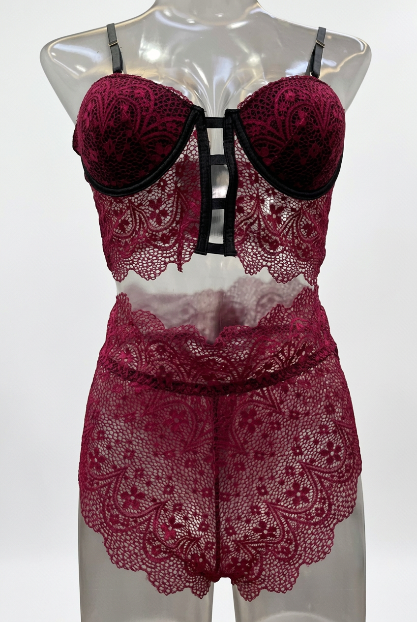 Red lace bra and knicker lingerie set with scalloped underwire cups and sheer front