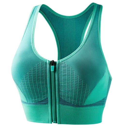 Contrast front-zip sports bra in green with turquoise panels and racerback