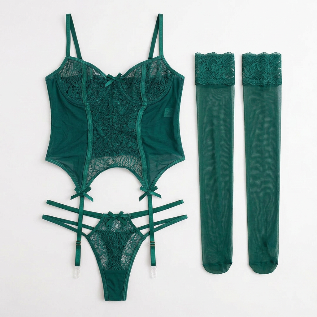 Dark green lace lingerie bodysuit with garter straps and matching thigh-highs