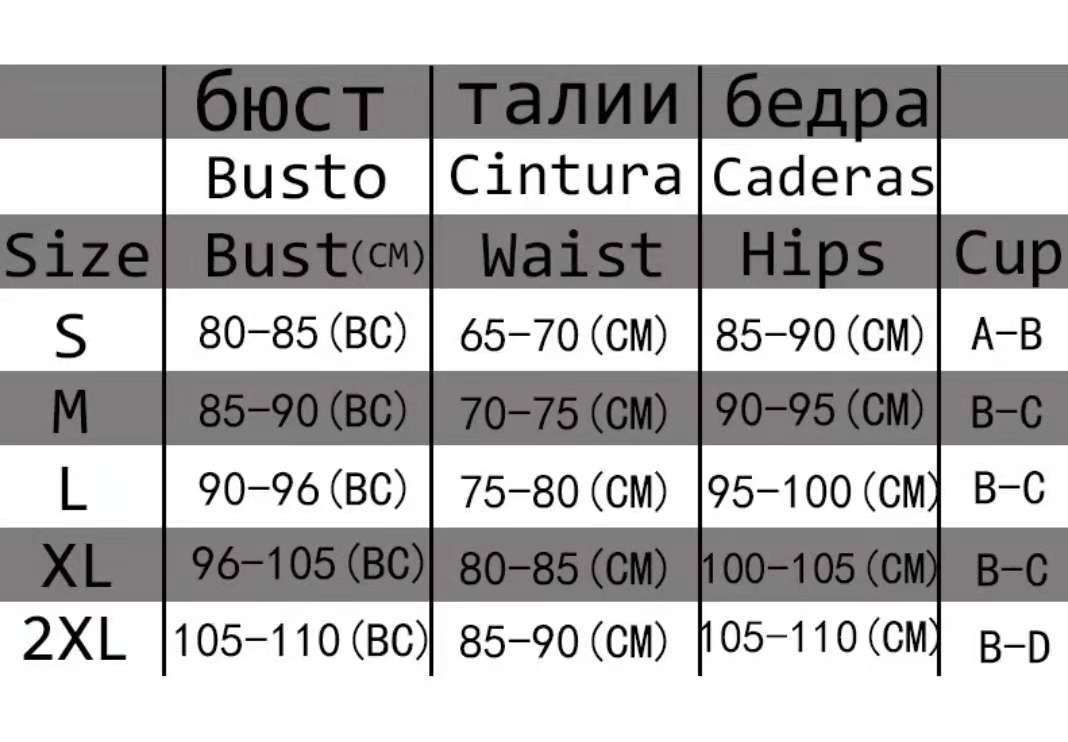 Swimsuit size chart table with bust, waist, hips, and cup size ranges