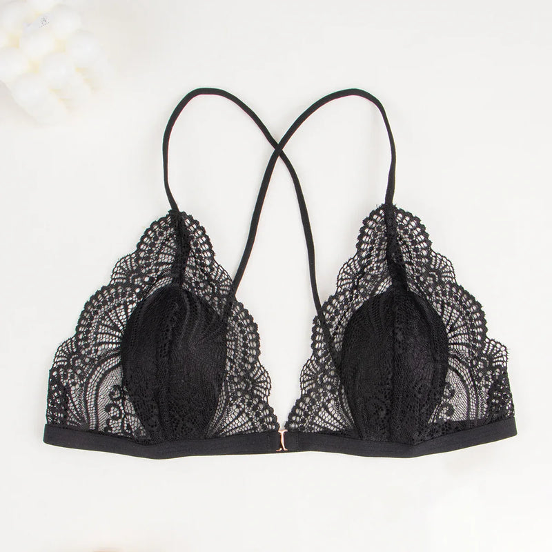 Black lace lingerie set bra with triangle cups, sheer lace sides, thin adjustable straps