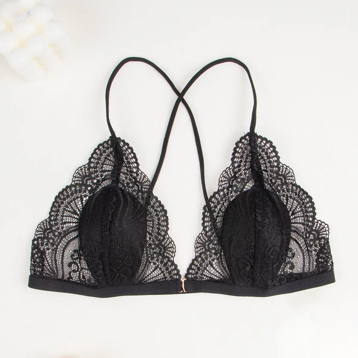 Black lace lingerie set bra: sheer lace triangle cups with thin straps and scalloped trim