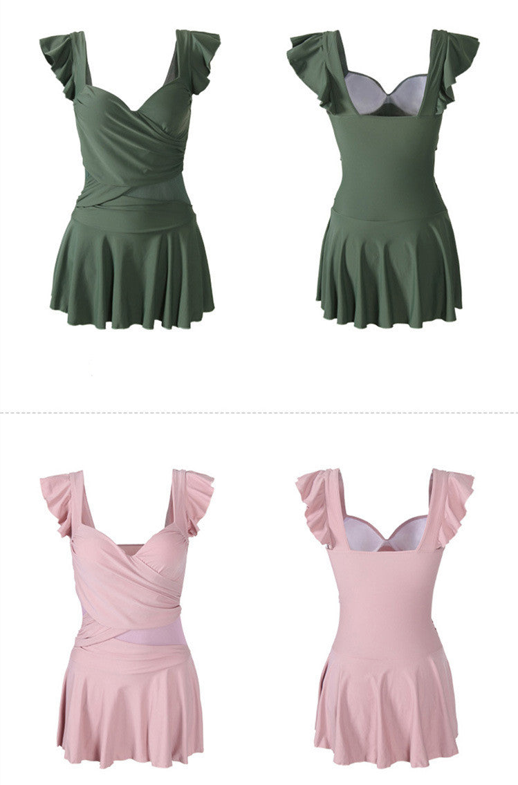 Two green and two pink one-piece swimsuits, underwire push-up with ruffle sleeves