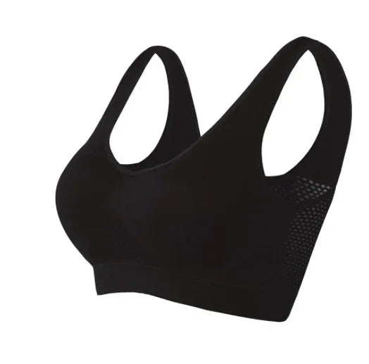 Black comfort bra with breathable mesh side paneling and wide cushioned band