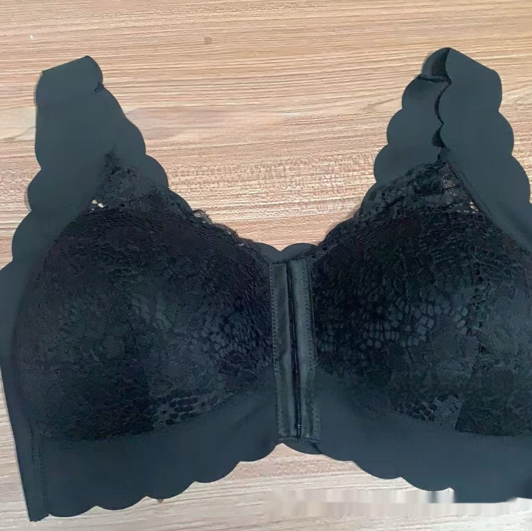 French Style Lace Thin Gathering Bra Front Buckle Large Size Without Steel Ring Breathable