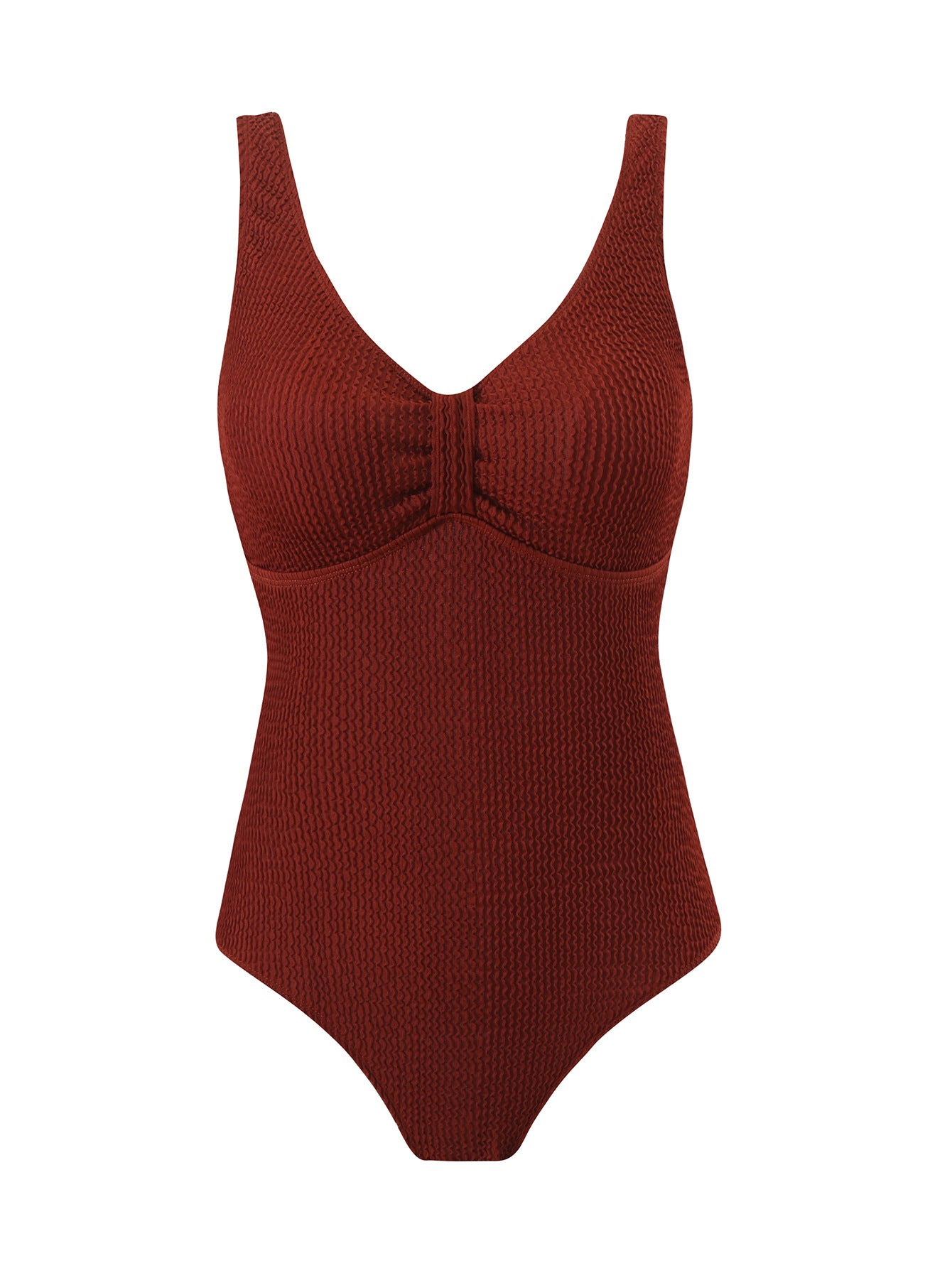 Tummy control one-piece swimsuit, brick red, supportive molded cups and full bottom
