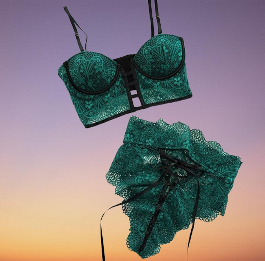 Teal lace bra and knicker set with underwire and bow details