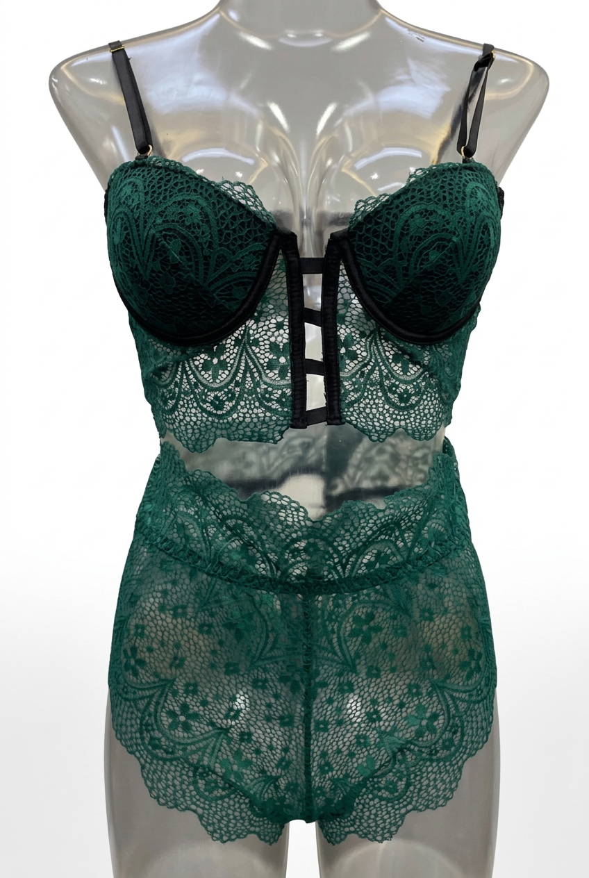 Teal lace bra and knicker lingerie set with scalloped cups and sheer panel