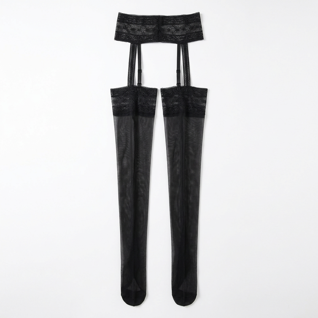 Black sheer thigh-high stockings with lace garter top and textured vertical leg panels.