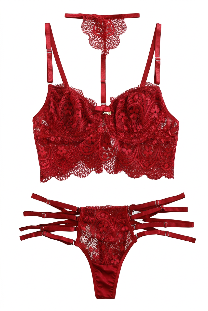 Red lace lingerie set: underwire bra and high-cut thong with strappy garter waistband