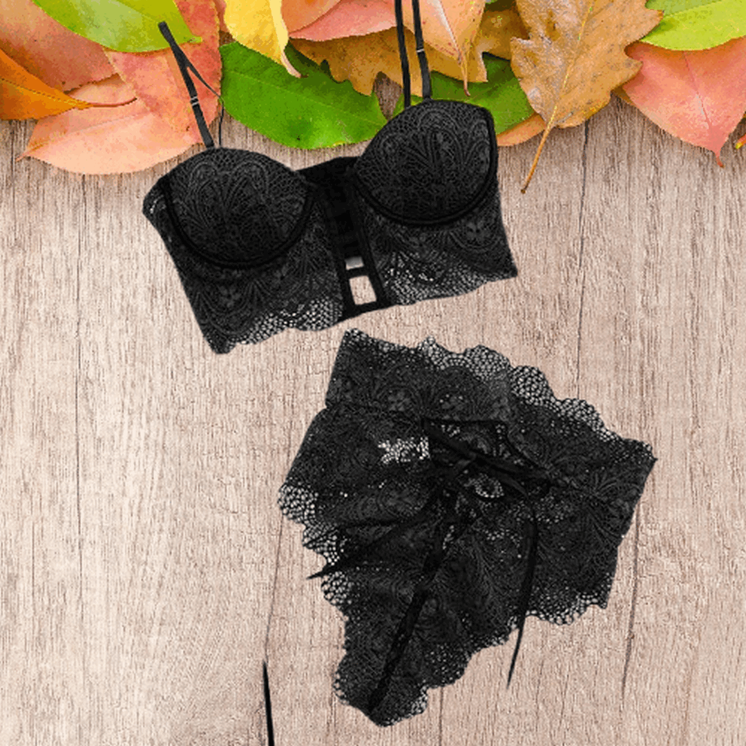 Black lace bra and knicker set with floral lace and bow detail