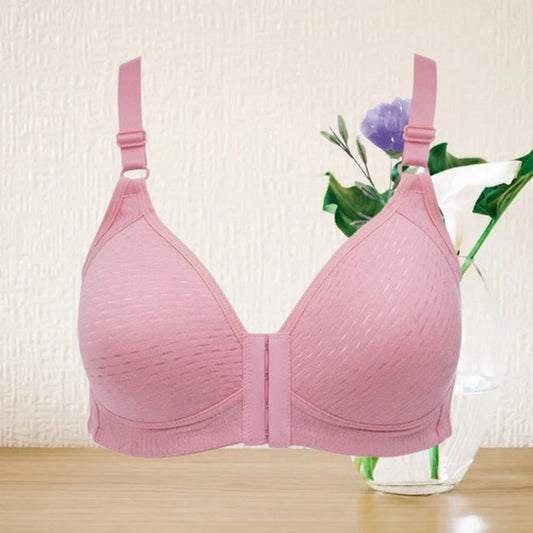 Pink button-front vest bra with lace panel and center snap placket