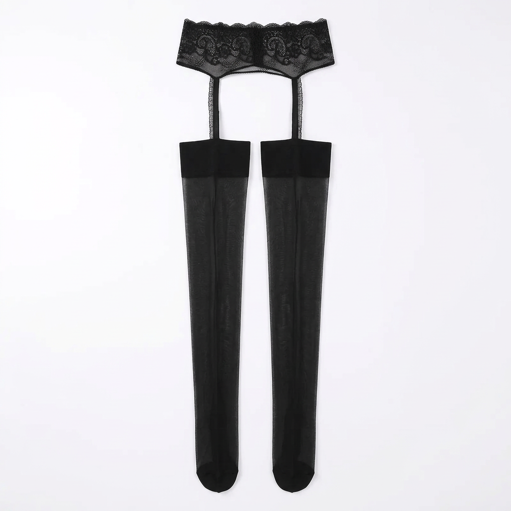 Black sheer thigh-high stockings with lace garter top and scalloped edge detail.