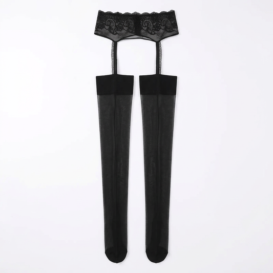 Black sheer thigh-high stockings with lace garter top and scalloped edge detail.