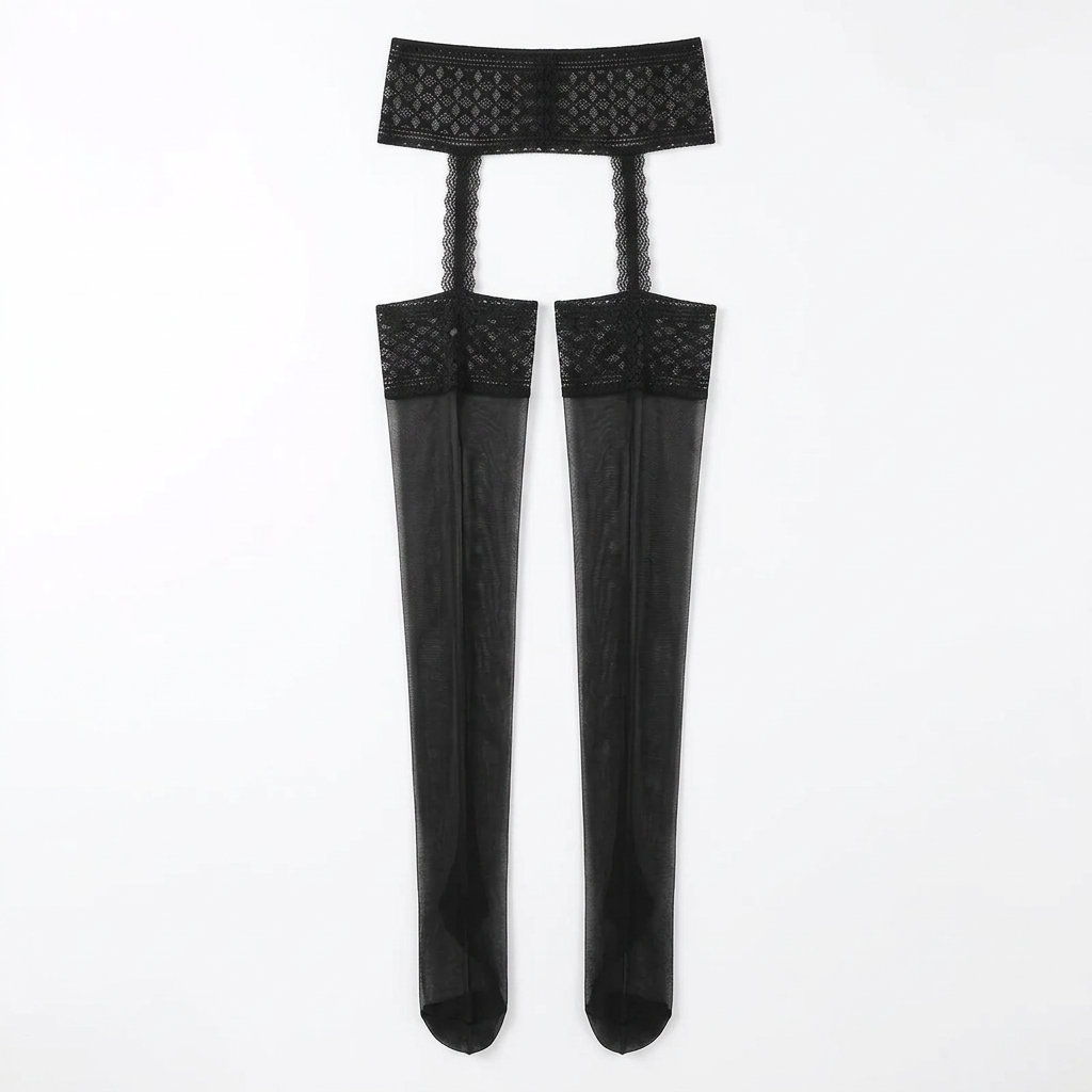 Black sheer thigh-high stockings with patterned lace waistband and lace garter straps.