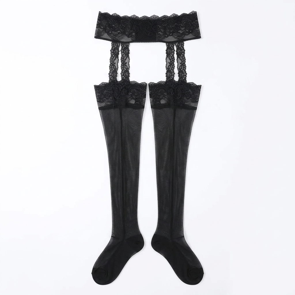 Black sheer thigh-high stockings with wide lace yoke and decorative lace on upper legs.