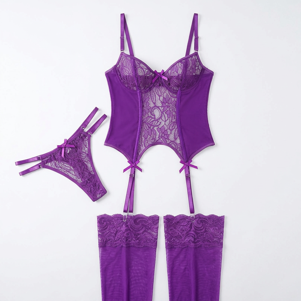 Purple lace lingerie set with thin straps, low-waist brief and garter-style suspender